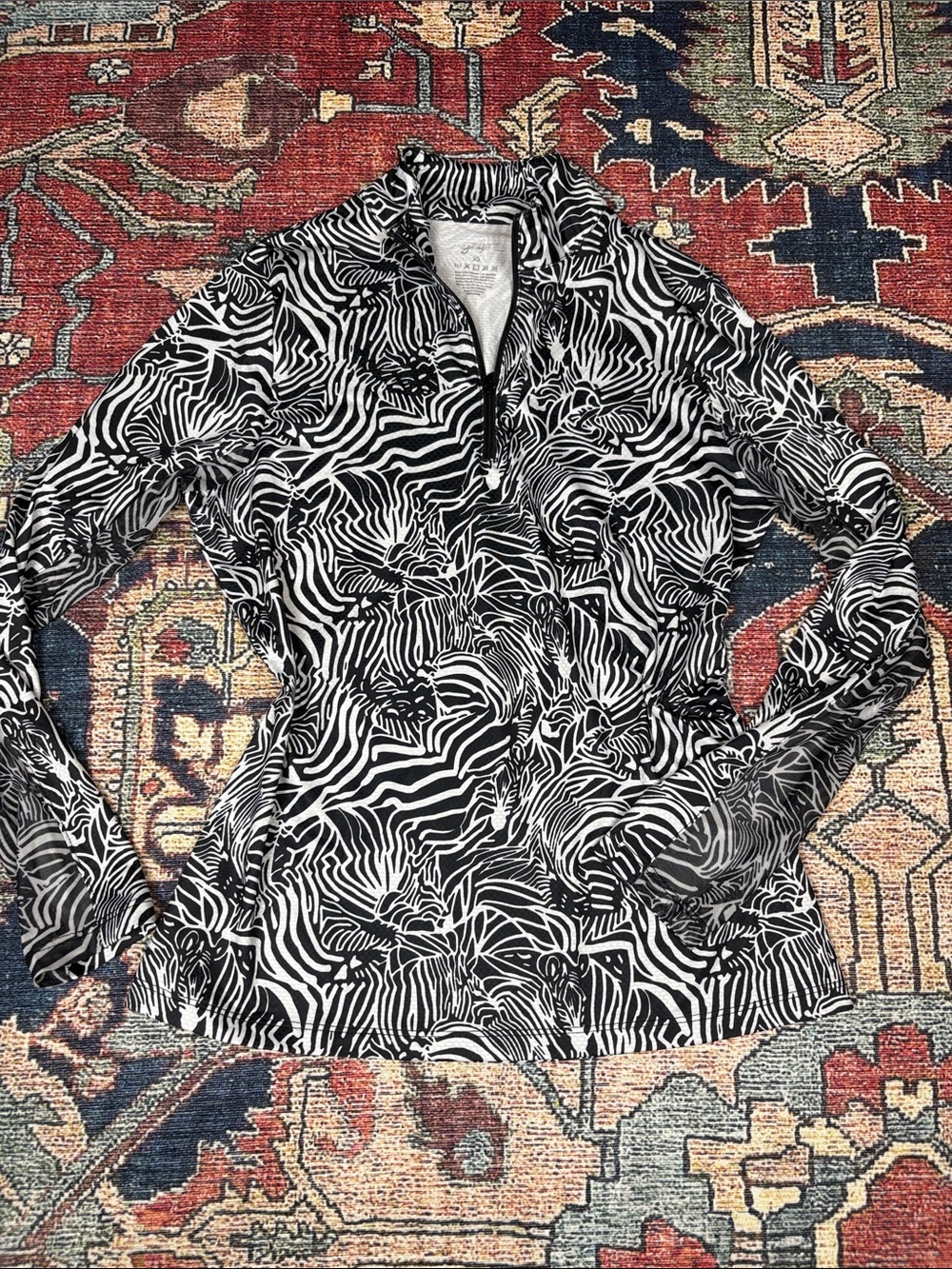 XS X By Gottex UPF ZEBRA Black White golf tennis mesh longsleeve top activewear